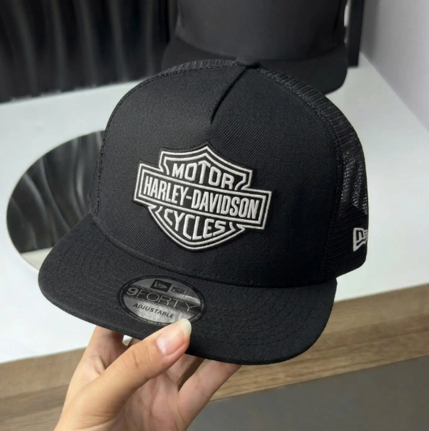 Vintage Motorcycle Shield Embroidered Trucker Hat, Classic Biker Snapback Cap, Black Mesh Back Flat Brim Baseball Hat with Retro Rider Graphic Design, Adjustable Streetwear Hat for Men Women, Garage Style Fashion Accessory and Outdoor Riding Gift