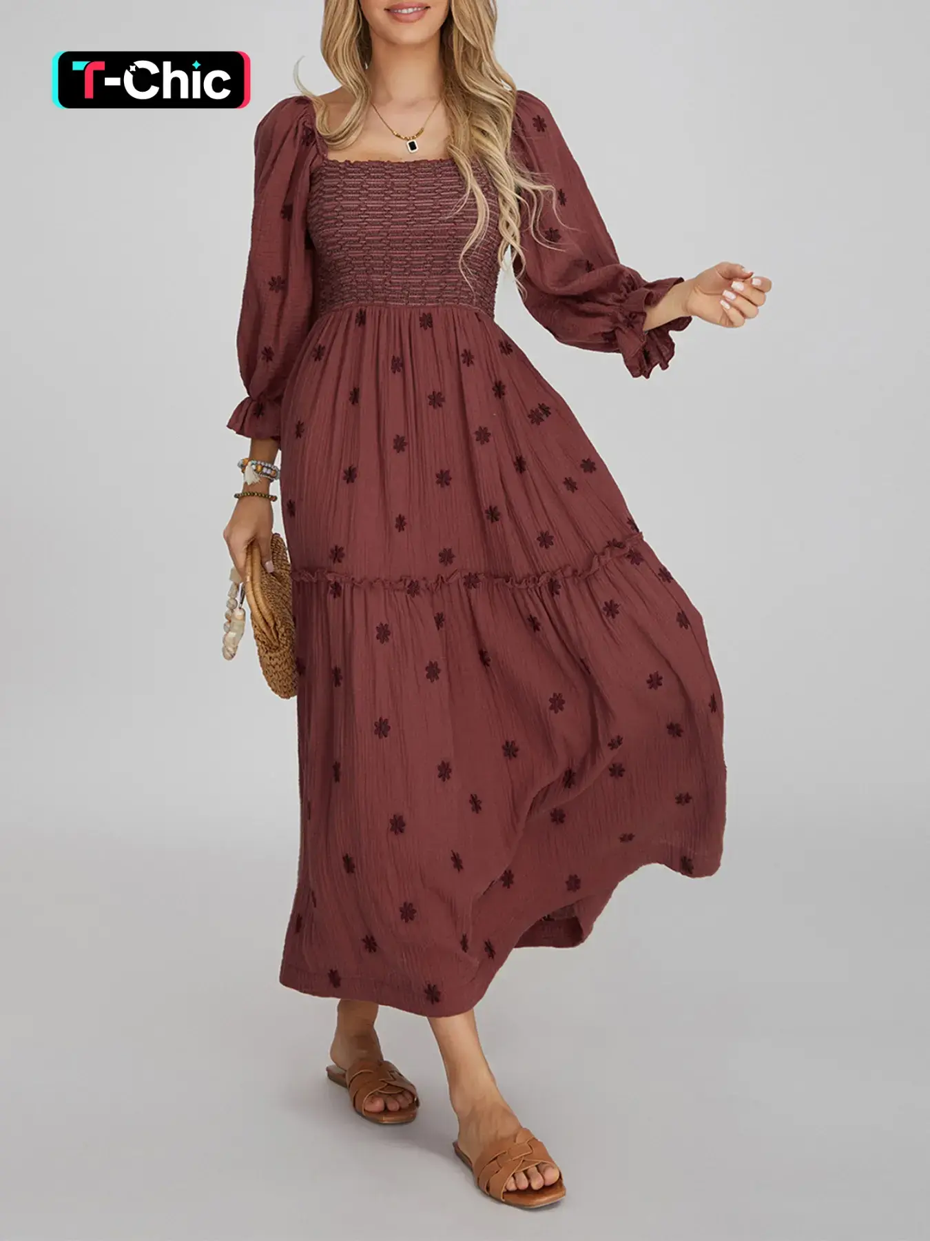 Women's Floral Embroidery Pocket Shirred Fitted A Line Dress, Boho Bohemian Fashion Casual Dresses Aesthetic Long Sleeve Square Neck Dress for Daily Boho Summer Holiday Vacation Wear, Ladies Dress for All Seasons, Womenswear Fabric
