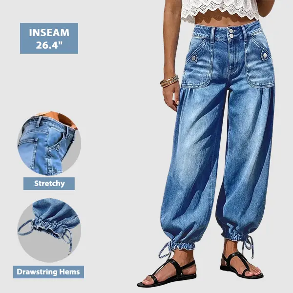 Flamingals Wash Patch Pocket Drawstring Hem Mid Rise Cropped Wide Leg Jeans Stretchy 26.4'' Inseam