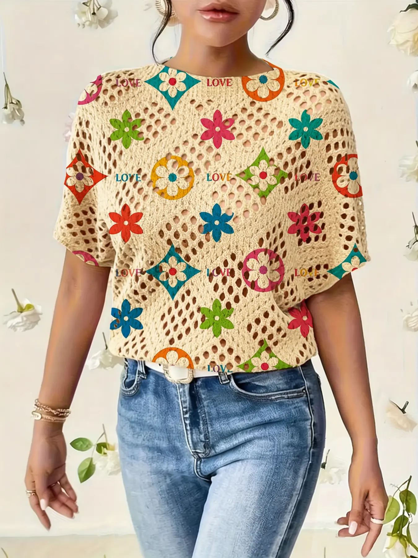 Women's Geometric Print Round Neck Fitted Short Sweater, Casual Batwing Sleeve Knit Top, Fall Winter Comfortable Warm Clothing, Hollow Out Design, Knitwear