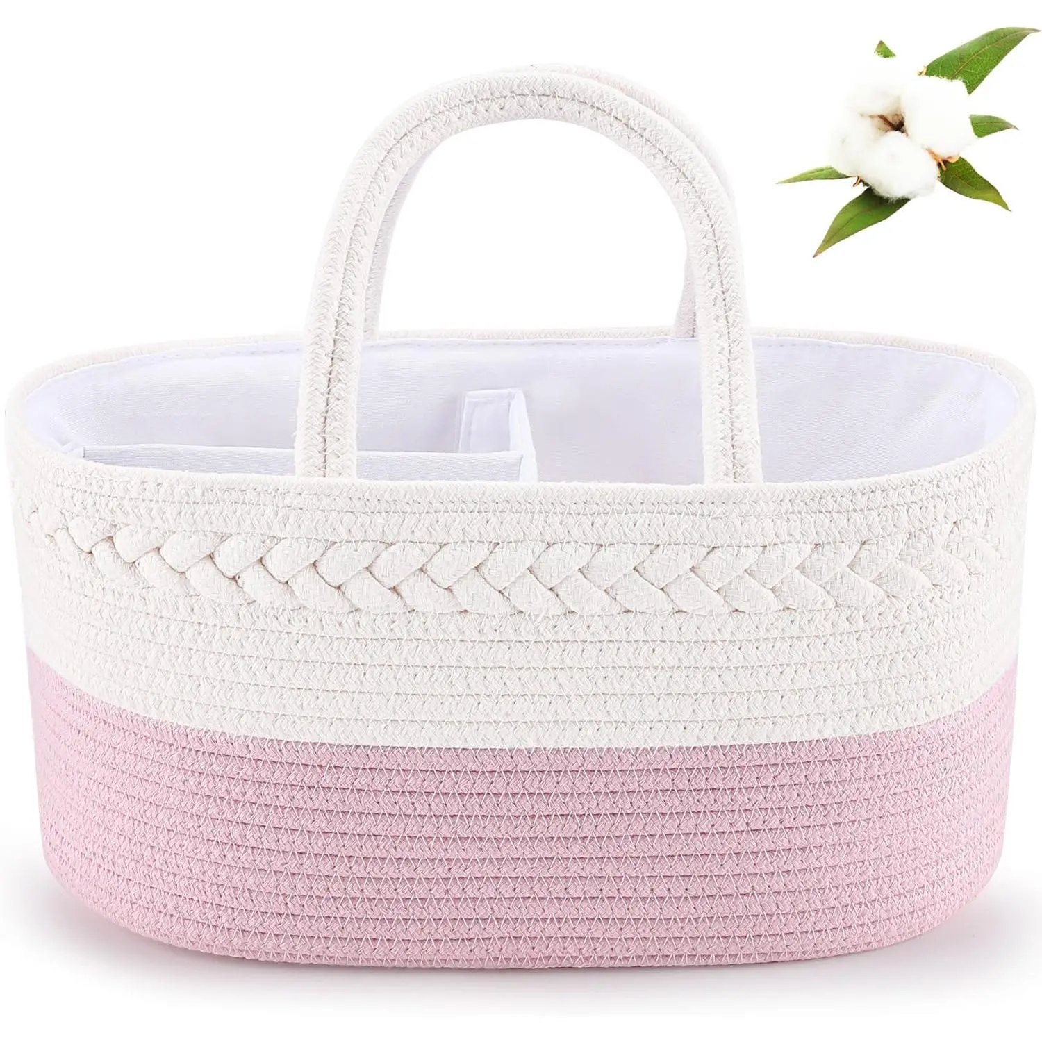 Diaper Caddy Organizer - Cotton Rope Nursery Storage Basket for Baby Essentials, Boys & Girls Shower Gift, Changing Table Organizer, Pink