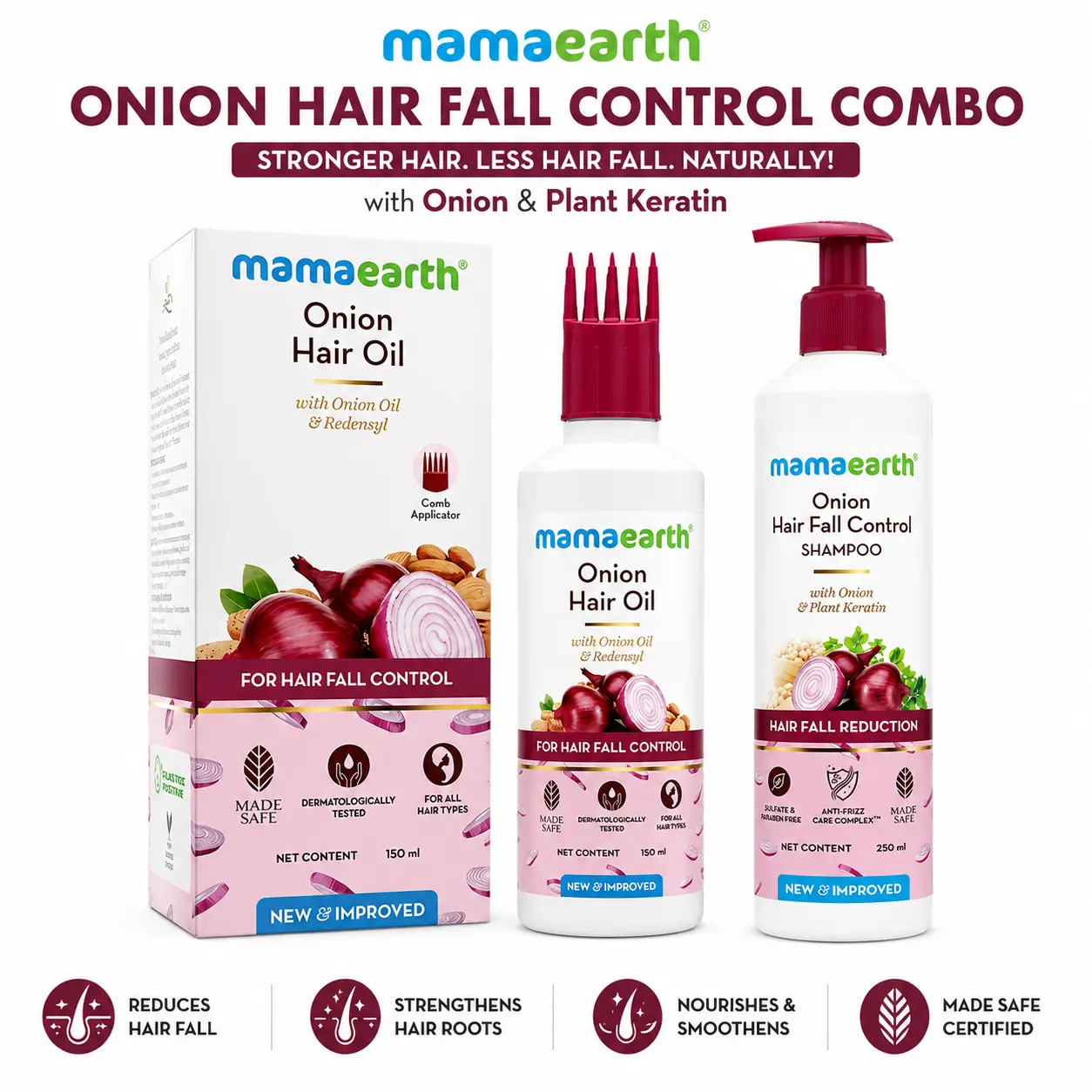 Mamaearth Onion Hair Fall Control Combo | Onion Hair Oil 150ml + Onion Shampoo 250ml | For Stronger, Healthier Hair