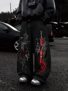 Men's Gothic Style Knit Sweatpants, Graphic Print, Elastic Waist, Straight Leg, Soft Stretchy Fabric, Casual Fashion for All Seasons, Casual Chic Trousers