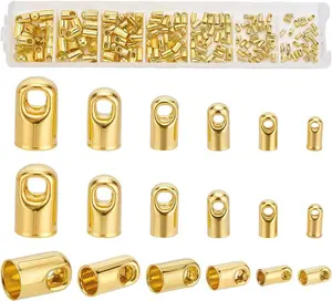 PH PandaHall 180pcs 6 Sizes Gold Cord Ends Caps Brass Bead Loop Barrel Clasp Crimp Beads Tassel Cap Cord Link Buckle for Necklace Bracelet Making