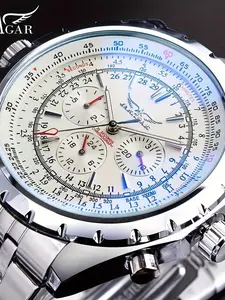 Men's Military Style Mechanical Watch, Silver Color Round Dial, Automatic Movement, Analog Display, Business Fashion, Gift Box Included, Business Automatic Wristwatch, Mechanical Style Watches