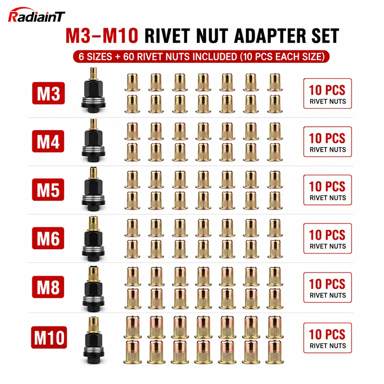 RadiainT Rivet Nut Tool Mandrel Adapter Set - Multi-Size M3-M10 Threaded Inserts, 6 Sizes with 60 Rivet Nuts, Quick Switch for Compatible Tools, Auto Repair & Sheet Metal Projects