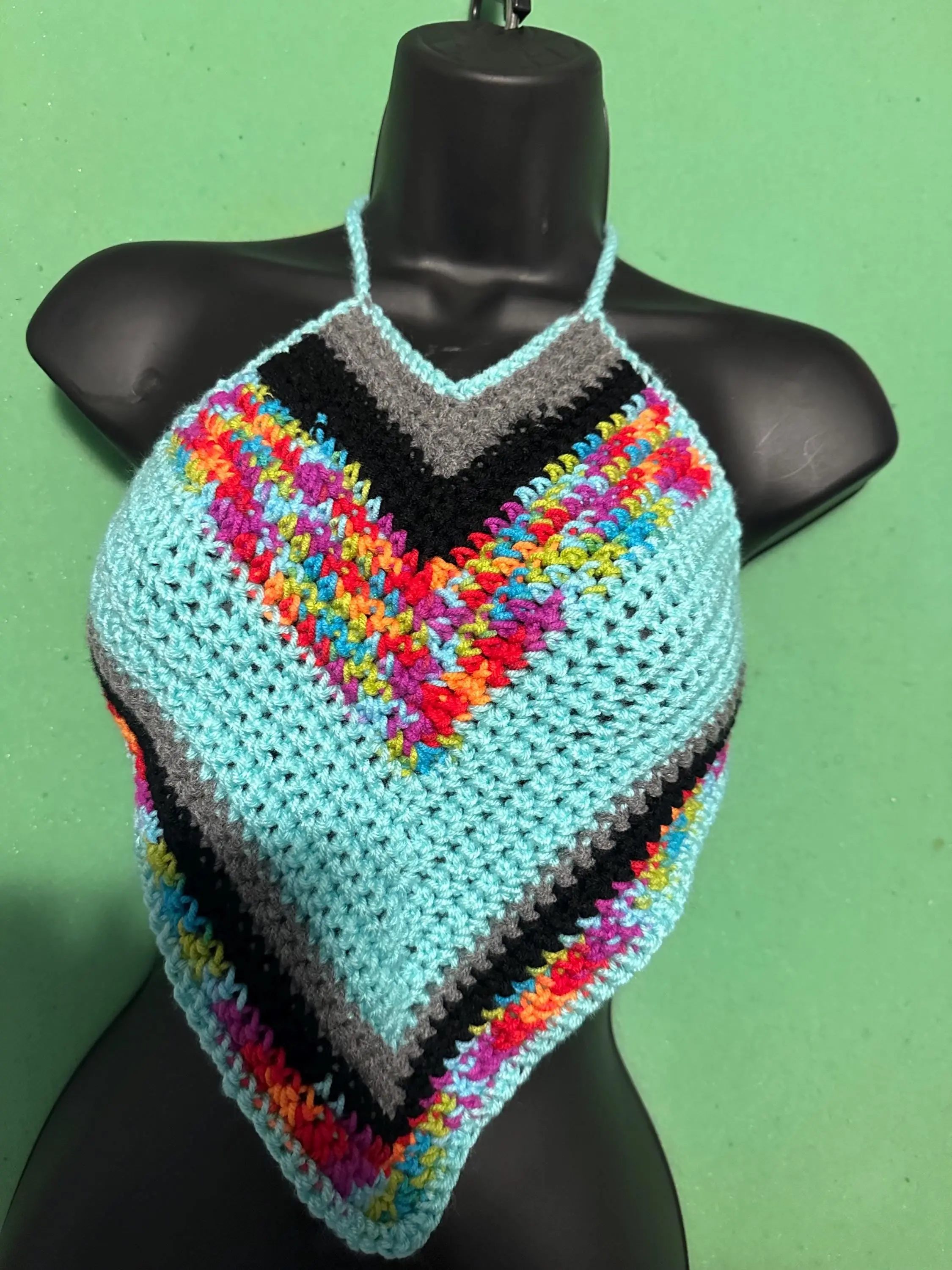 Handcrafted Crochet Crop Top: Teal, Black, & Multi-Bright Yarn (XSmall/Small)