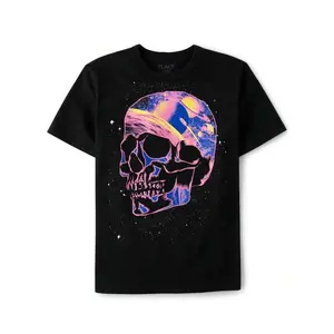 1pc Boys' Neon Glow Skull & Galaxy Print T-Shirt - Pink/Purple/Blue/Pink/Purple/Pink Short Sleeve Round Neck Tee for Kids 3-13 Years, All-Season Casual Wear & Halloween  with Space Theme (Machine Washable)