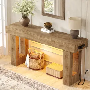 [Summervibes] Homieasy 63'' Farmhouse Console Table with Power Outlets and Sensor Light, Wooden Entryway Table with Storage, Rectangular Sofa Tables Behind The Couch for Entrance, Hallway, Living Room Entryway Table, mothersdaygift