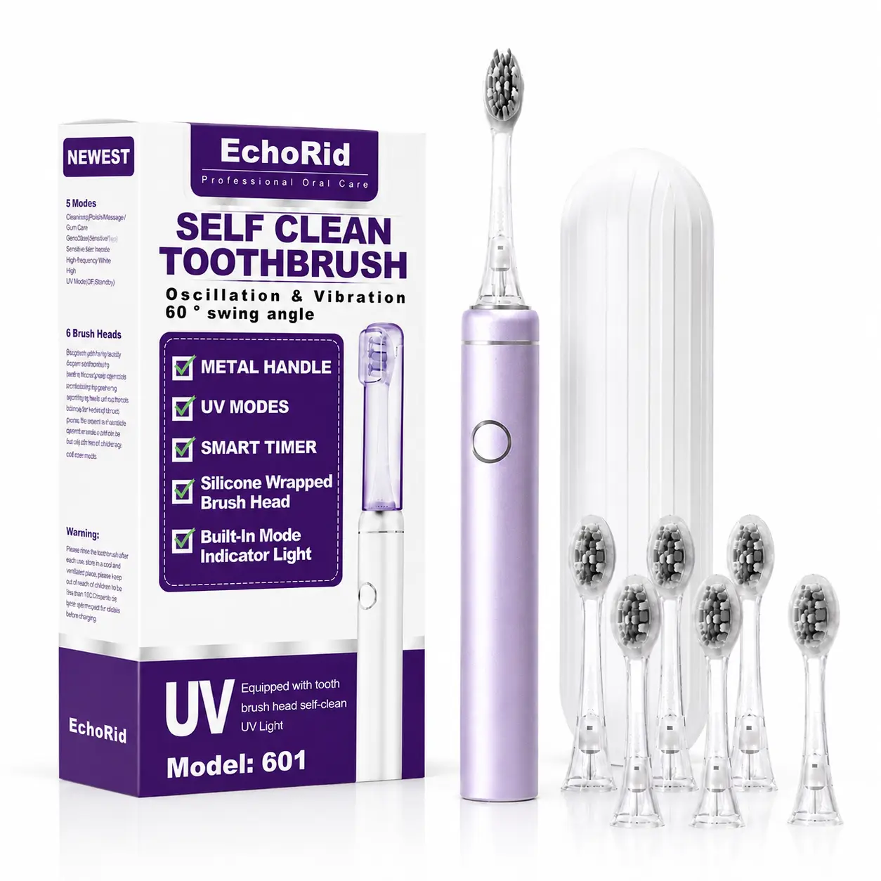 EchoRid Adult Sonic Electric Toothbrush, Metal Handle 5 Clean Modes, Built-in Smart Timer, UV Brush Head Storage Cover & Silicone Wrapped Replacement Heads