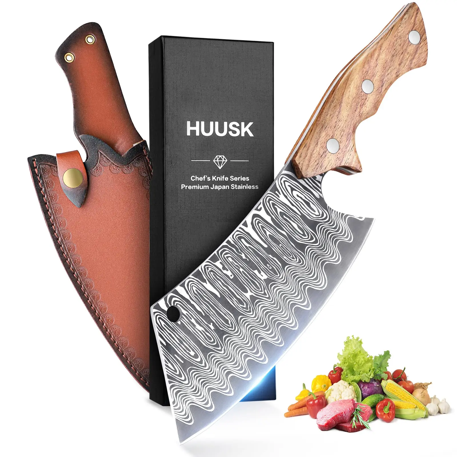Huusk Japan Knife, Hand Forged Meat Cleaver Knife Japanese Kitchen Knife with Sheath Cooking Butcher Knife, Camping Thanksgiving Christmas Gifts BlackFriday Gift