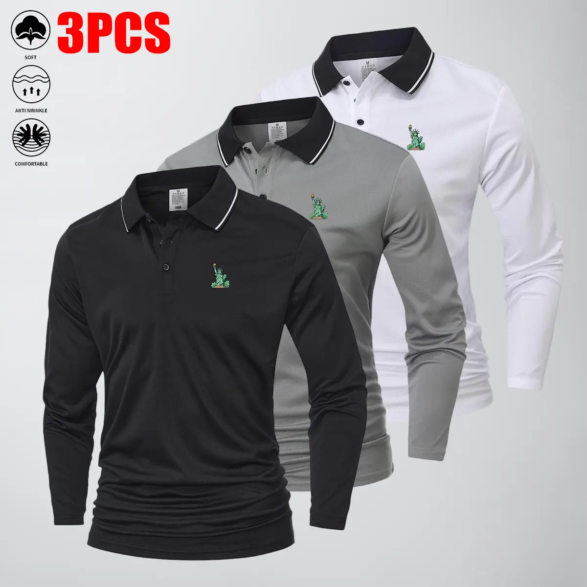 Men’s 3-Pack Printed Turn-Down Collar Long Sleeve Casual Shirts - Menswear Top, Polyester Breathable Fabr., Stylish Buttons, Comfortable Fit, Casual Street Wear, Travel Essential
