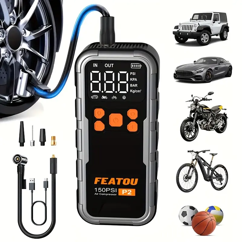 Featou P2 Pro Portable Tire Inflator 150PSI High-Pressure with Smart ON/OFF Hose Design, Lightweight 17oz Springtok, Cordless, 4+N Auto Stop Modes Pump Car Vehicle Automotive Repair Tools Wireless Air Pump Emergency Air Pump
