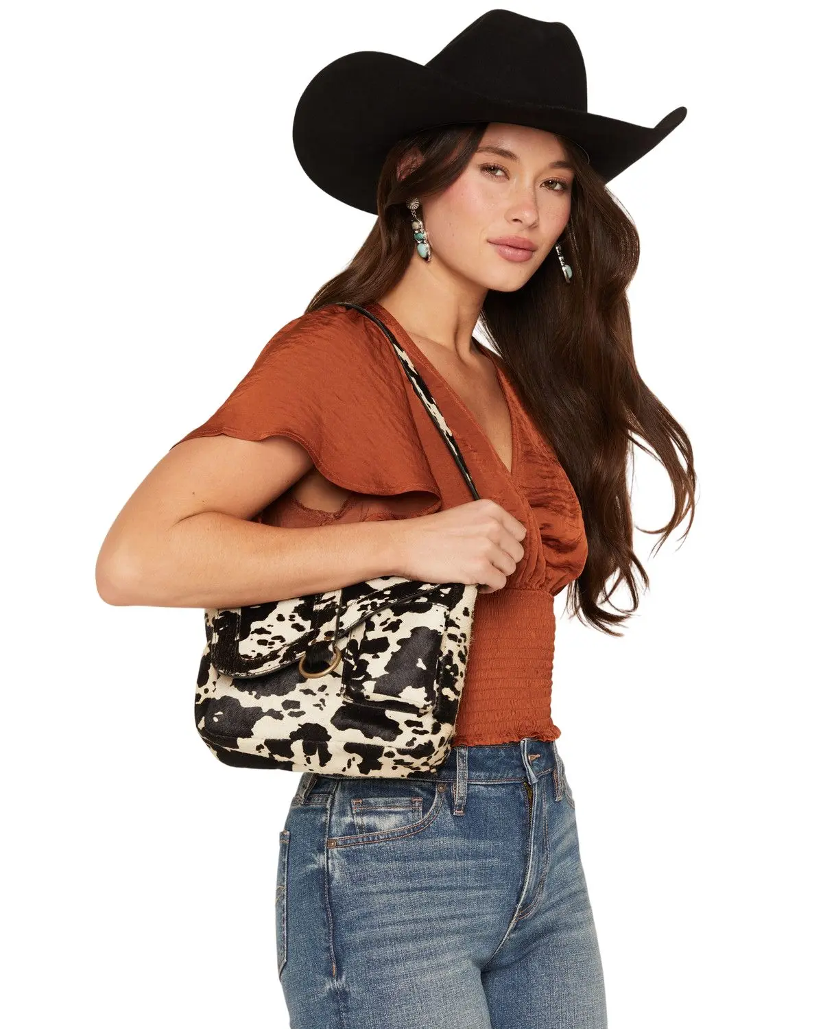 Shyanne Women's Women'S Sorrel Cow Print Shoulder Saddle Bag Purse - Sasu26hb7-Blk