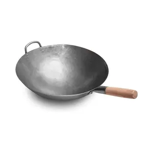 Craft Wok Big 16 Inch Heavy Hand Hammered Carbon Steel Pow Wok with Wooden and Steel Helper Handle (Round Bottom) / 731W138