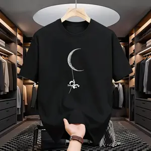 Spring Summer Couple Street Style Astronaut Moon Print Loose Crew Neck Short Sleeve T-Shirt