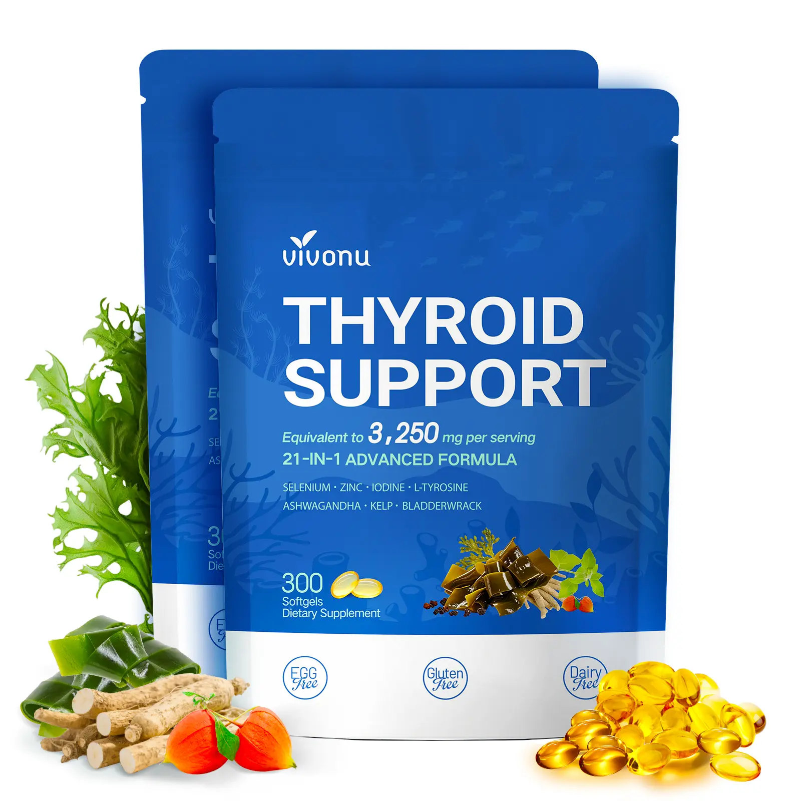 【FINAL DEAL】VivoNu 3250mg Thyroid Iodine Support - B12, Folate, Zinc, Selenium, Ashwagandha, Supports Hormone Balance, Boosts Energy, Improves Sleep, 100-Day Supply