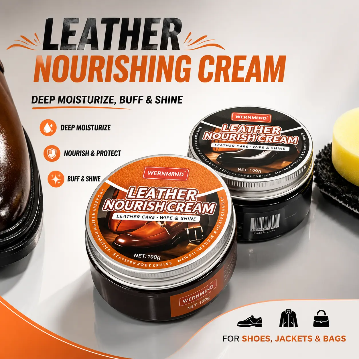 Leather Nourish Cream Shoe Polish Kit, Deep Conditioning Leather Care Balm for Shoes, Leather Jackets & Handbags, Fast Shine, Soften & Moisturize Leather