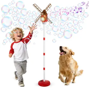 Automatic windmill bubble machine for kids 3+. Features music, LED lights and adjustable height. Comes with 50ML bubble solution. 4 AA batteries needed. Perfect for indoor & outdoor use and festival gifts.