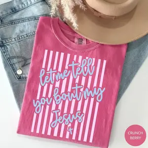 Comfort Colors Let Me Tell You About My Jesus Shirt, Aesthetic Stripes Coquette Bow Christian Tee, Trendy Easter Spring Faith Top, Premium Garment Dyed Religious Graphic Apparel, Boutique Girly Jesus Story Gift Tee