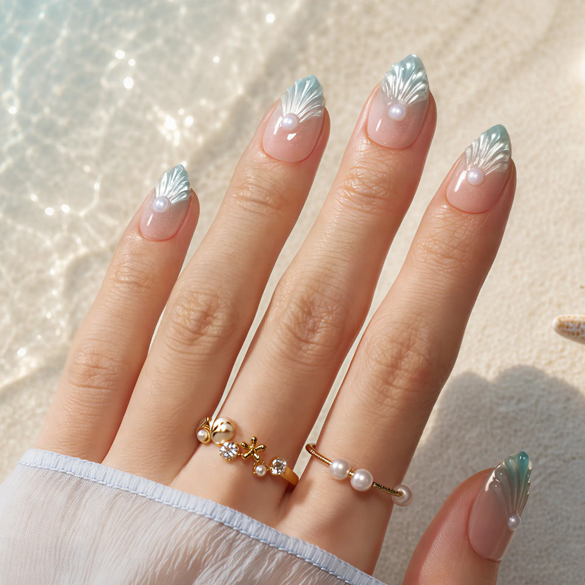 Beetles Summer Cat Eye Press On Nails - 3D Short Almond Fake Nails Kit - Vacation Embossed Shell & Ocean Pearl Motion Glow Fake Nails, Salon Quality, 32 Pcs 16 Sizes with Glue for Women, Coral Mermaid
