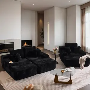 Boneless Oversized Chaise Lounge Sofa Indoor Cloud Sectional Couch Sofa Bed,Luxury Deep Seat Plush Corduroy Lounge Chair Sleeper Sofa for Living Room Bedroom (Black,3PCS)
