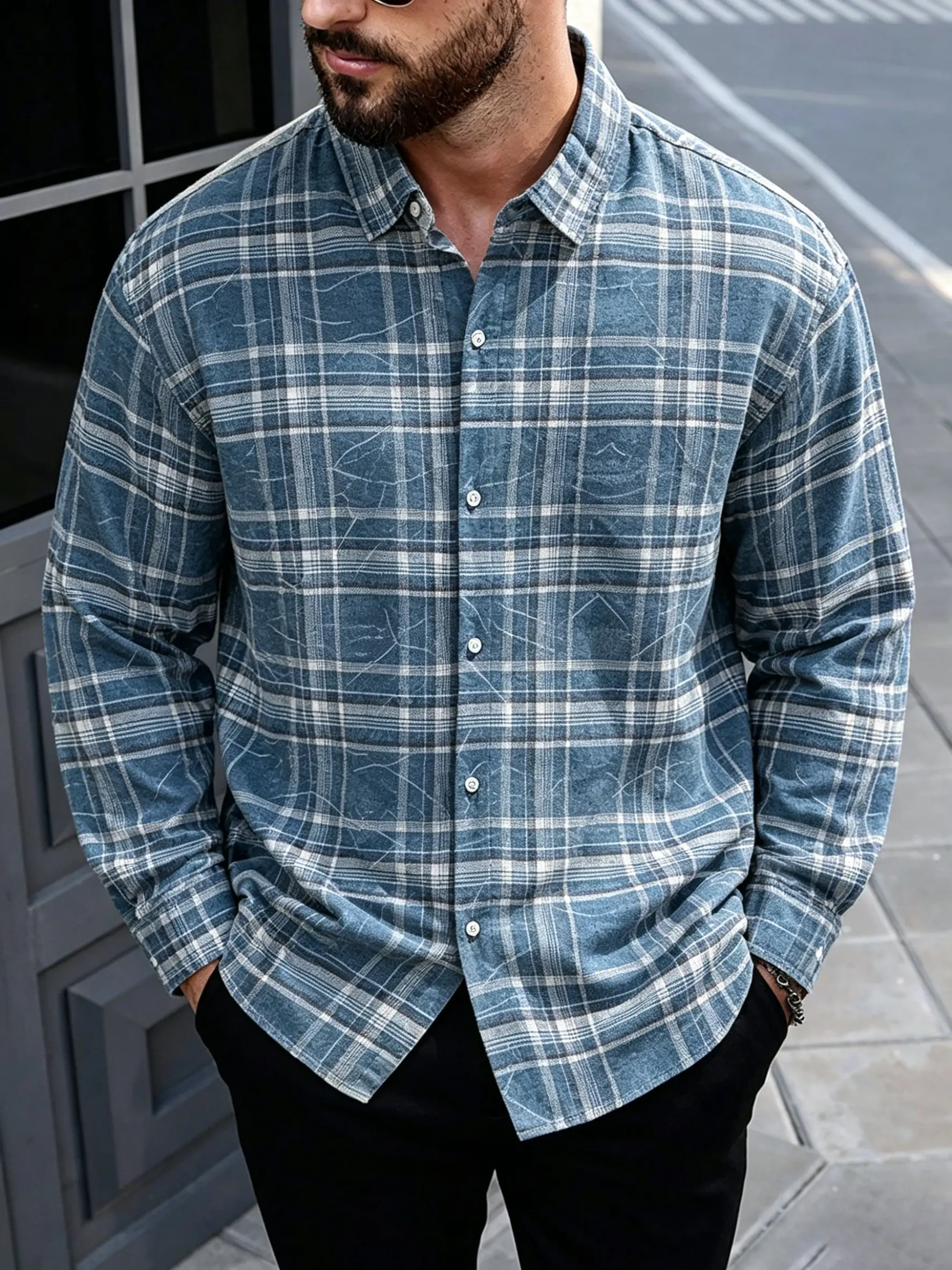 Men’s casual plaid flannel shirt, long-sleeve button-down shirt with unique crackle print, loose fit, blue and white checkered pattern, gift for dad, husband, or friend