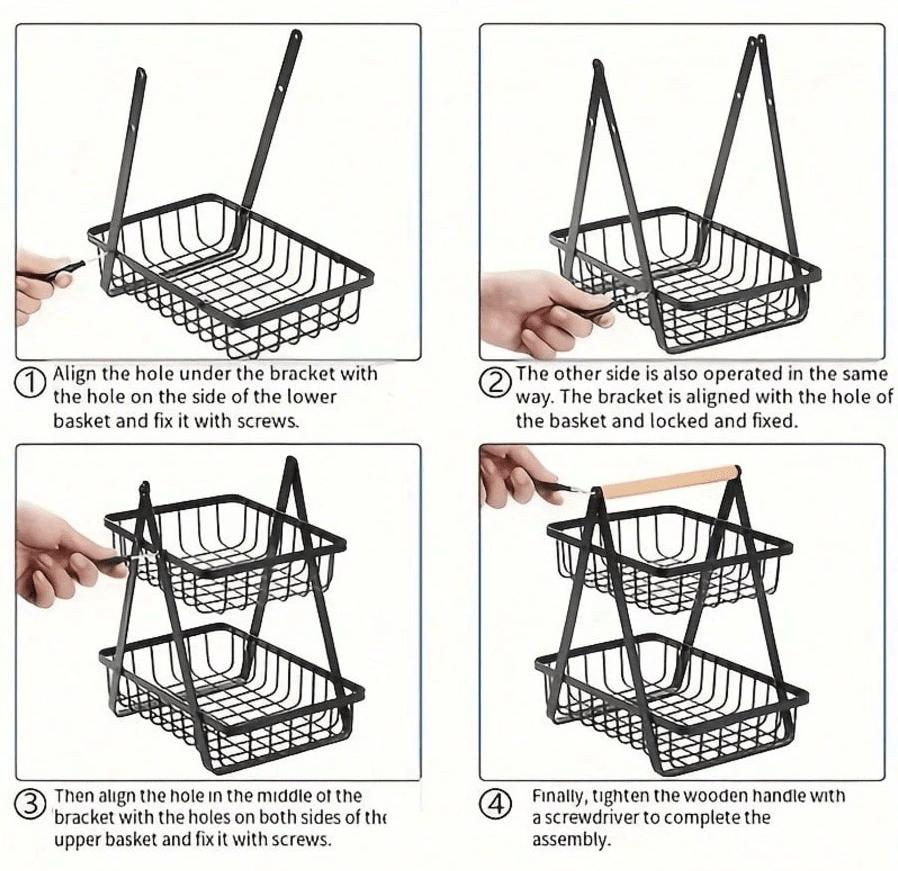 TAIMASI 2/3-Tier Metal Fruit Basket With Wooden Handles - Multi-Purpose Organizer For Kitchen & Bathroom | Stores Fruits, Vegetables, Bread & Pasta | Detachable Portable Design - Seasonal Pick For: • Labor Day Entertaining Prep