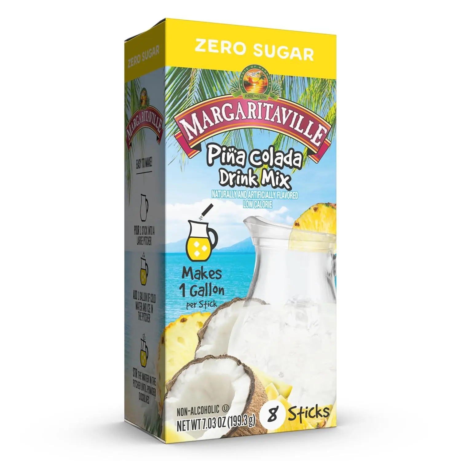 Margaritaville Gallons to Go Powdered Drink Mix, 8-Count Box\u2013 Pina Colada \u2013 Low Calorie and Zero Sugar Drink Mix, Each Stick Makes 1 Gallon-Sized Pitcher