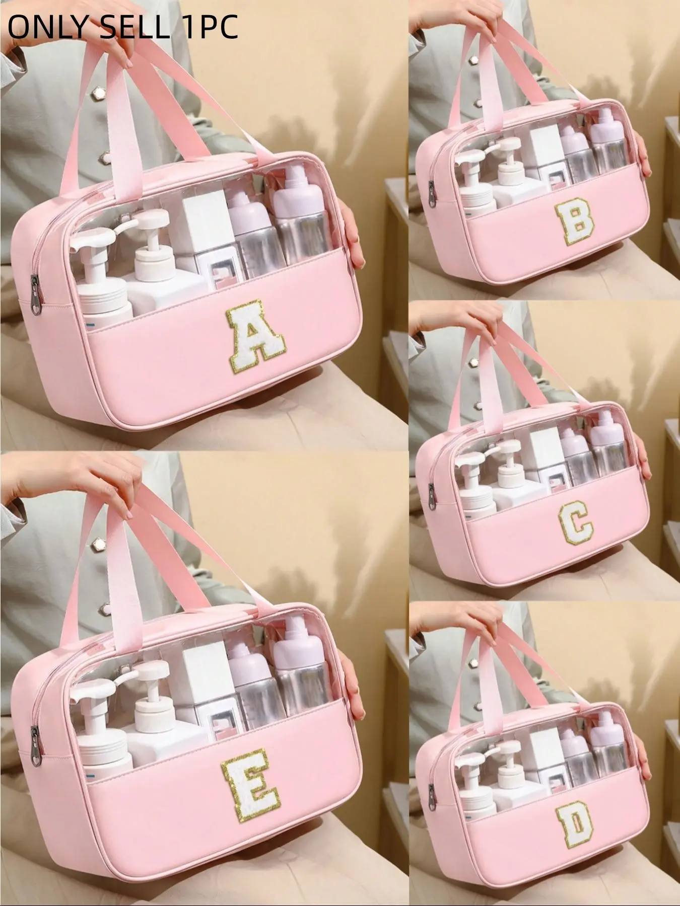 Transparent Letter Patch PU Makeup Bag, Fashion Solid Color Square Organizer, Waterproof Storage Pouch, Travel Bag for Women, Cosmetic Travel Bags