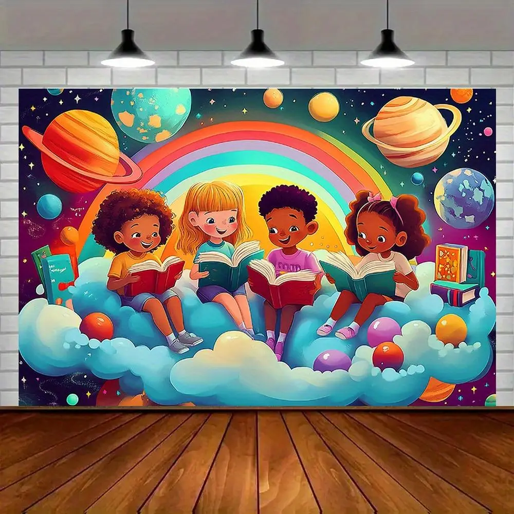 1pc 2D Flat Space-Themed Reading Background Banner - Vibrant Polyester Wall Decor with Cartoon Space Characters, Planets, Stars - Ideal for Youngsters' Rooms, Party Supplies