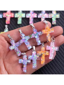 20Pcs Cross Shaped Acrylic Exquisite Trendy Cross Design Decorative Charm Pendant Charms Resin Flower Fruit Pattern DIY Pendants Jewelry Decoration Necklace Earrings Bracelet Craft Making Accessories Cute Jewelry Findings for Festival Gift No Chain