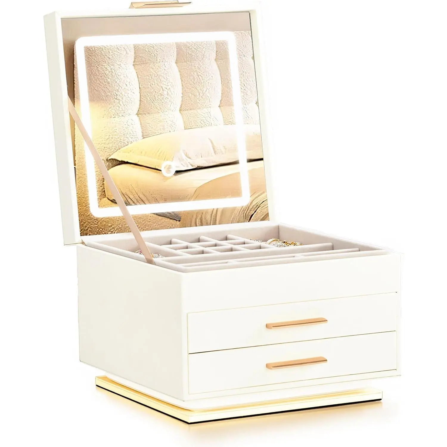 【Summervibes】Ubesgoo Jewelry Box with 3-Color Mirror Light & Ambient Glow, Jewelry Organizer with Drawers, Jewelry Storage, Jewelry Holder for Earrings Necklace,Jewelry Display Case, Rotating Jewelry Storage Box
