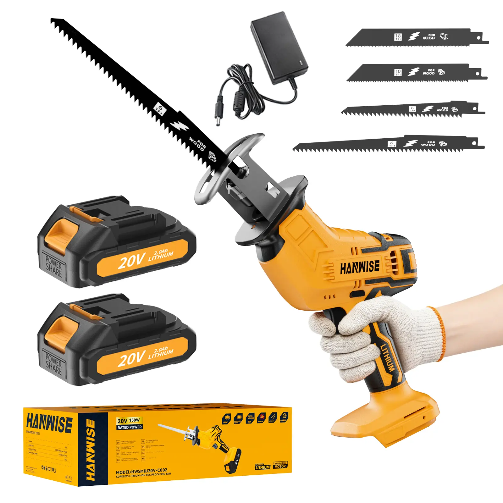Reciprocating saw, cordless portable cutting saw tool. Equipped with batteries and saw blades of different sizes, it is used for repairing tree branches and can cut wood, plastic, and thin metal. Home work and outdoor recreation