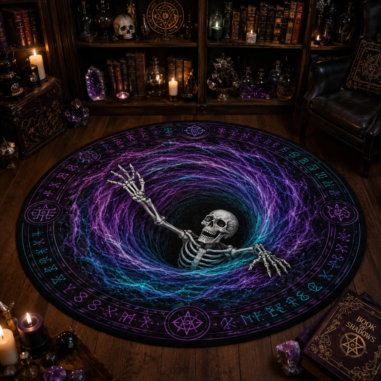 3D Halloween Skeleton Vortex Illusion Round Rug, Mystic Purple Portal Optical Illusion Area Rug, Spooky Skeleton Floor Mat for Living Room, Bedroom & Gothic Decor