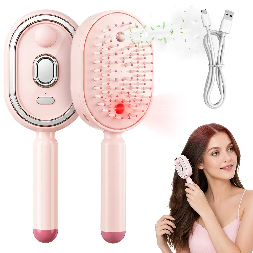 Compact Electric Spray Air Cushion Hair Brush - 300mAh, Red Light, Type-C Charging, Retractable Grooming Comb with Mist Spray for Home/Travel Daily Hair Care
