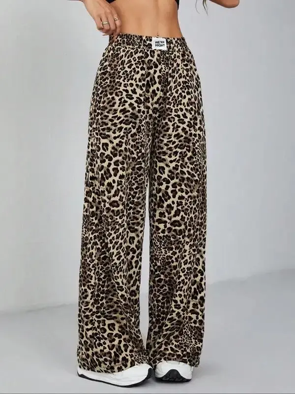Women's Leopard Print Patched Pocket Wide Leg Pants, Casual Elastic Waist Trousers for Daily Wear, Ladies Bottoms for All Seasons Cheetah Pants Girl Original, Pretty Attitude Clothes  Cheetah Pants Girl