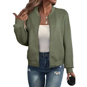 WomensBomberJacketCoatCasualStandCollarZipUpLightweightFallFashionJacketsOutfitswithPocketsBasicLongSleeve