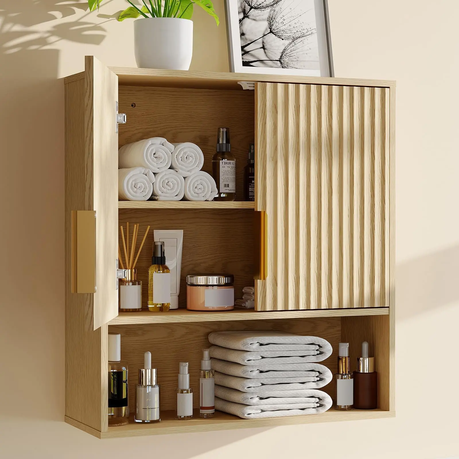 Bathroom Wall Cabinet with Adjustable Shelf, 25x23x8 Inch Medicine Cabinet with Wave Doors, Wall Mounted Storage