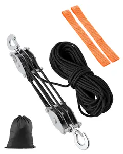 VEVOR 4400 lbs Breaking Strength 100 FT Rope Pulley Hoist, 5:1 Lifting Power Heavy Duty Pulley System with 2pcs Soft Loops, Metal Wheels Bearing Structure, Block and Tackle for Lifting Heavy Objects