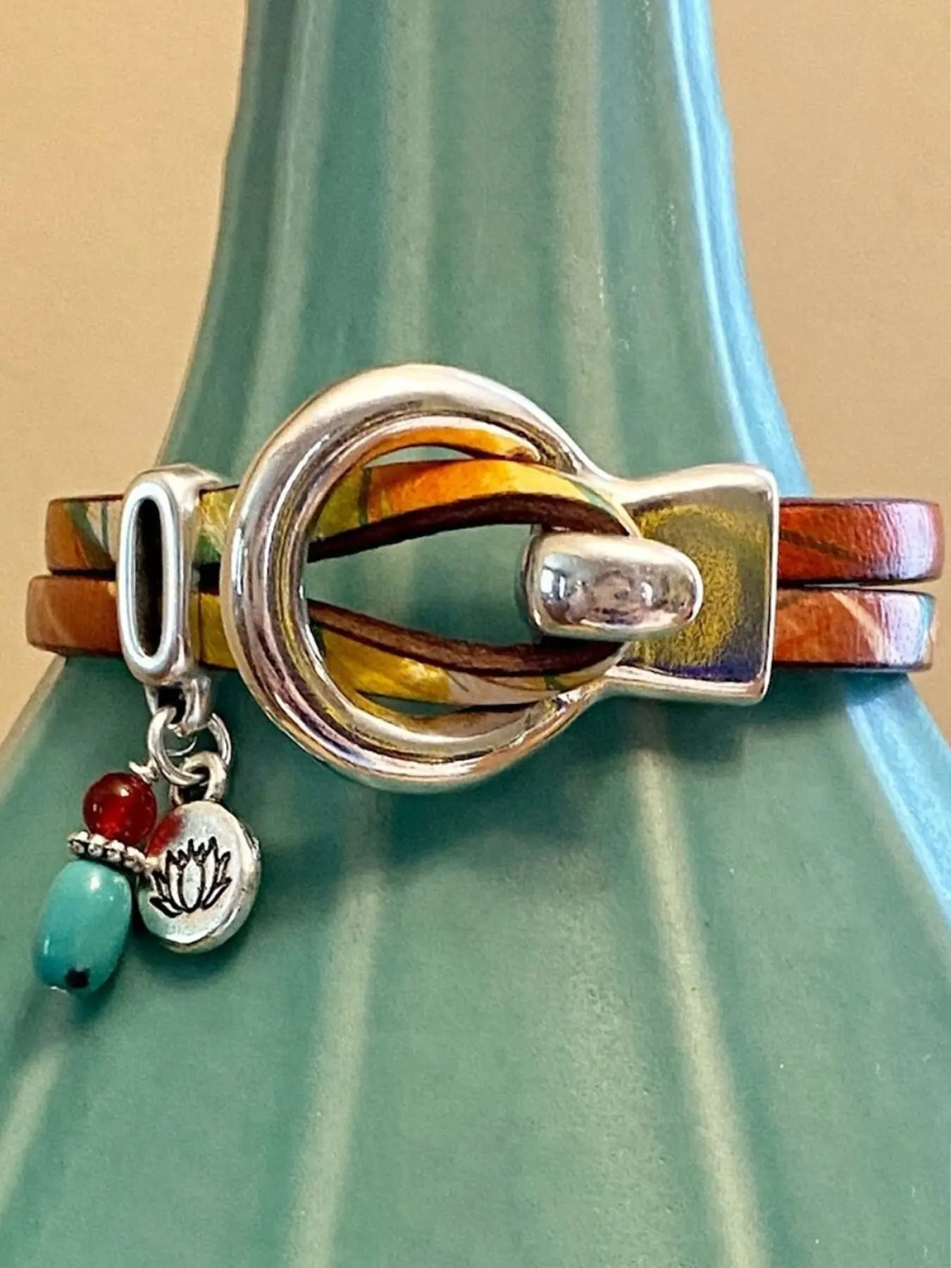 Vintage Boho Style PU Leather Bangle Bracelet, Dual Layer Metal Design, Unisex Party Vacation Accessory, All Seasons Wear, Floral Accents, Bohemian Bracelets