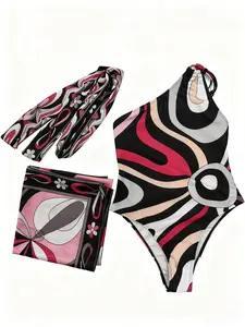 【Summervibes】3 Piece Bikini Set Women with Scarf Cover Up and Headband, Boho Floral Swimsuit, Adjustable Straps, Tummy Control High Waist Beach Vacation Outfit