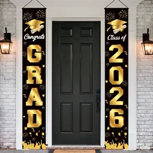2pcs Graduation Party Porch Banner, & Gold Cap Design, Outdoor Lawn Decor Flag, 12x70.8 Inches, Polyester Material, Perfect for Parties, Party Decorations Banners