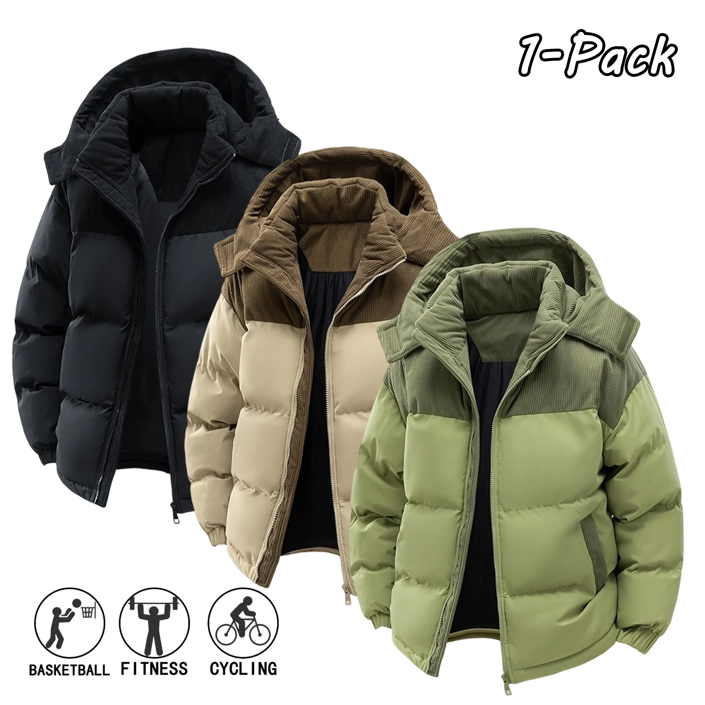 Men’s winter casual warm hooded jacket, unisex multifunctional top with detachable hood, paneled bread-style thick outerwear suitable for outdoor wear, 100% polyester fiber material