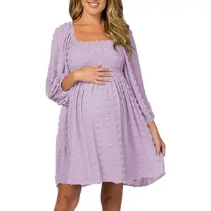Women's Long Sleeve Maternity Dress Square Neck Swiss Dot Casual Loose Short Dresses Pregnancy