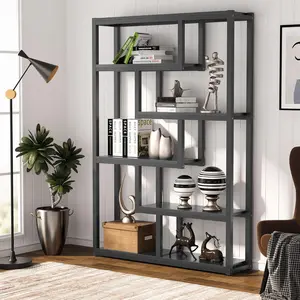 LITTLE TREE WAY TO ORIGIN 6-Shelf Modern Bookshelf, Industrial Etagere Bookcase, 69 Inch Tall Storage Display Staggered Shelves with Sturdy Metal Frame