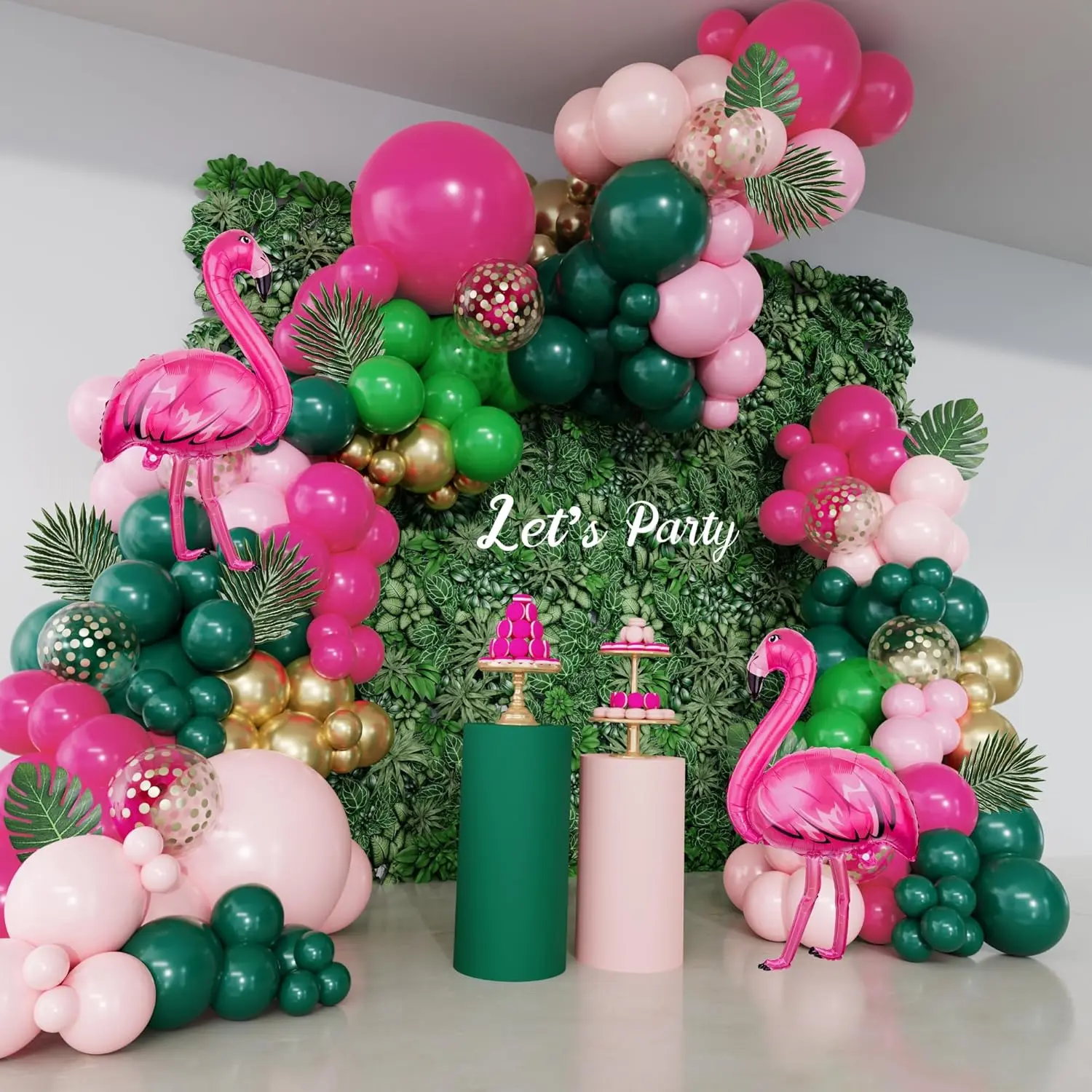 156Pcs Tropical Flamingo Balloon Arch Garland Kit, Hot Pink Dark Green Light Pink Gold Confetti Flamingo Foil Balloons with Palm Leaves for Hawaiian Luau Aloha Summer Beach Birthday Party Decorations Ouddy Party