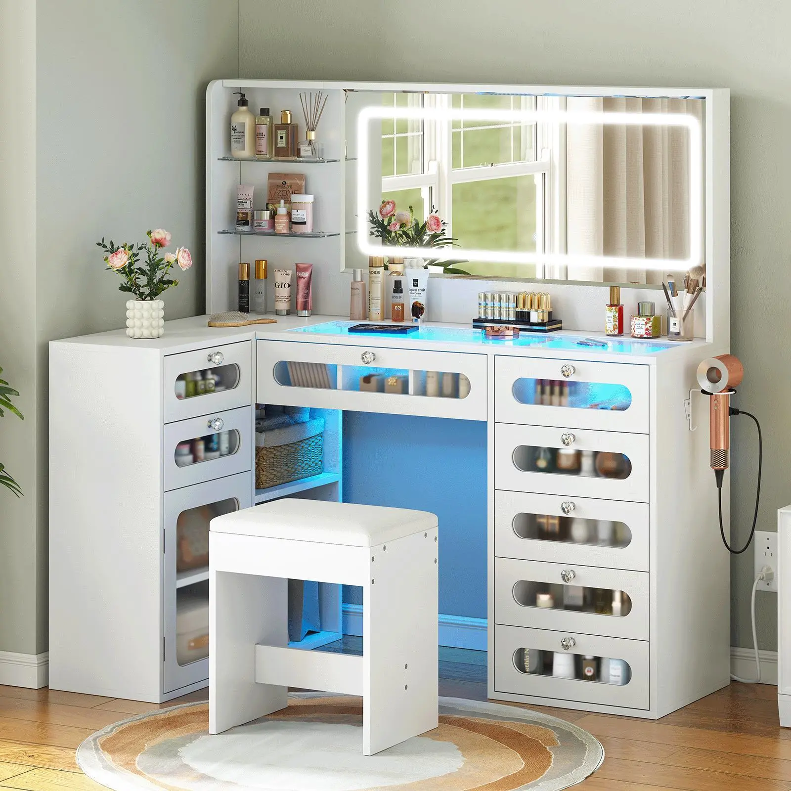 LED Lighted Makeup Vanity Desk with APP Controlled RGB Ambient Lights, 3 Color Adjustable Mirror Lights,Spacious Storage Drawers, Tempered Glass Top, Built-in Multi Charging Ports & Hair Dryer Rack