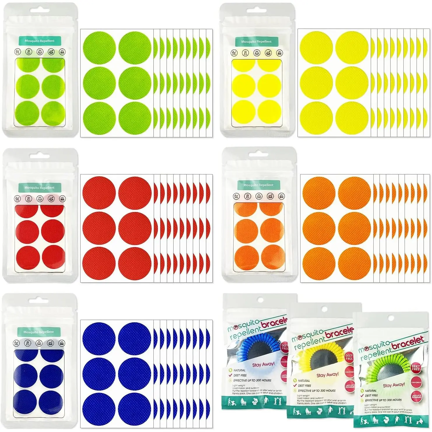 Mosquito Repellent Stickers 300 Pcs, DEET Free Mosquito Patches with 3 Pack Individually Wrapped Mosquito Repellent Bracelets for Kids and Adults Indoor Outdoor