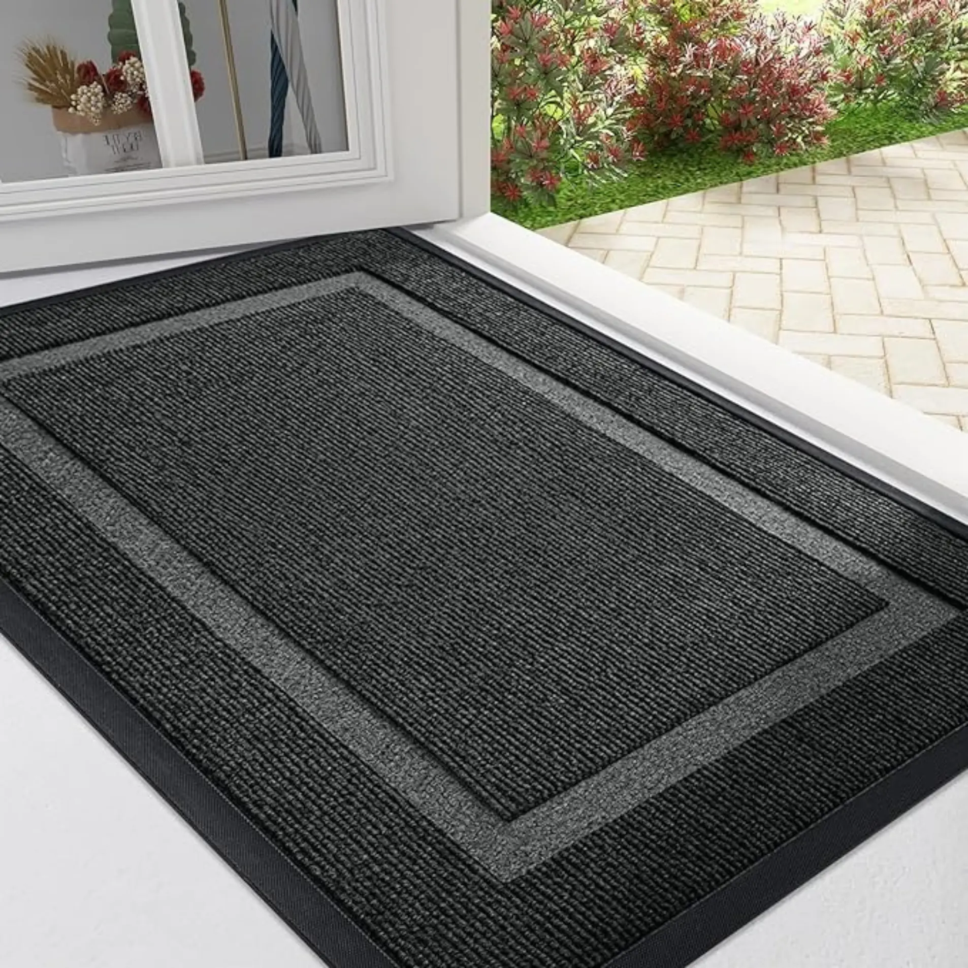 Front Door Mat Indoor Outdoor Entrance, Waterproof All-Season, All-Weather Doormat, Sturdy Natural Rubber, Fade Resistant, Low Profile, Easy Clean Patio Porch Entryway Mat, 29.5x17, Black